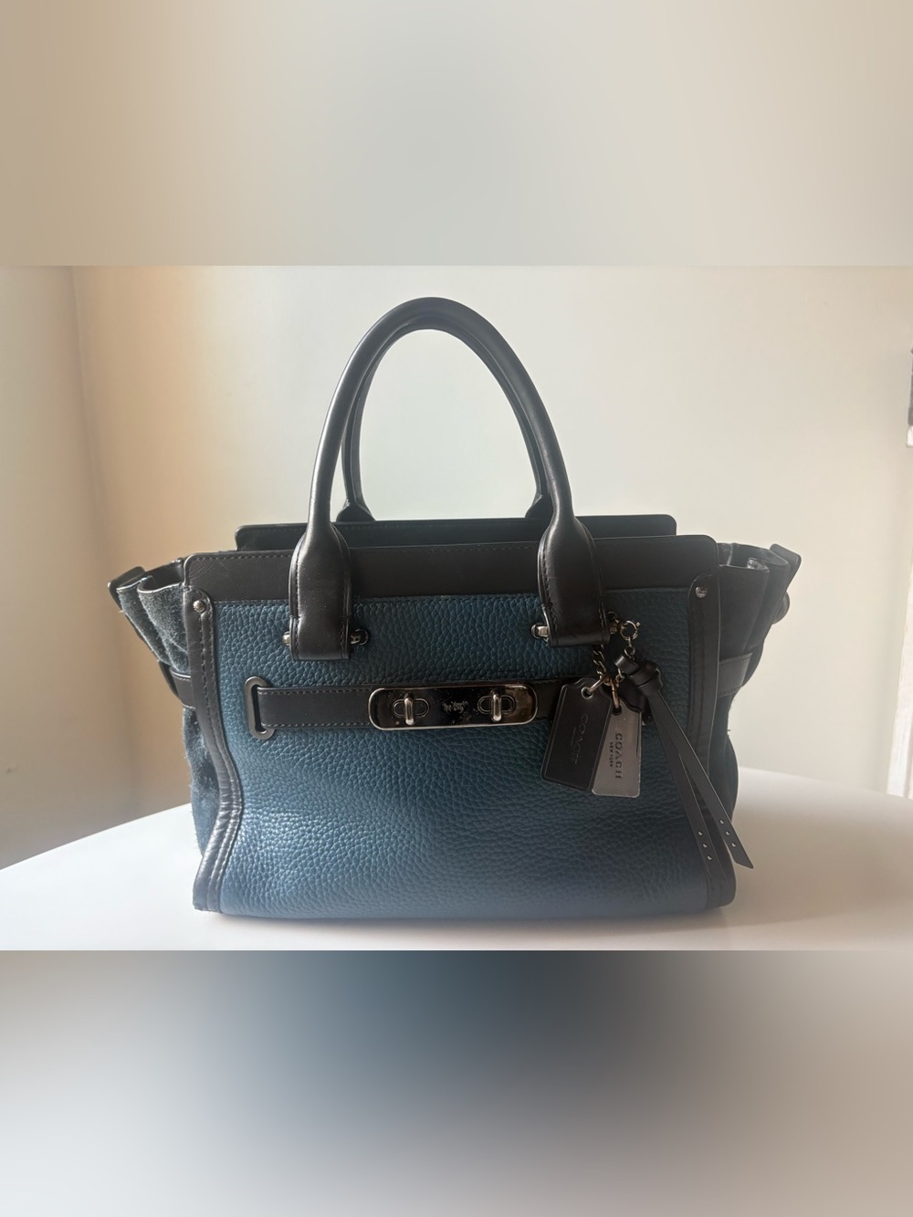 Coach Swagger 27 Pebbled Leather Satchel Marine Blue Black